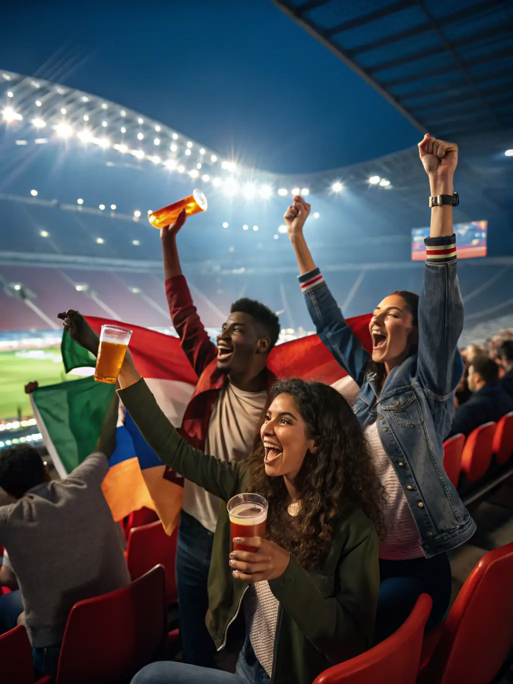 A vibrant image of a diverse group of sports fans cheering and celebrating a win, showcasing the excitement and community aspect of sports betting with Verificadas Bet.