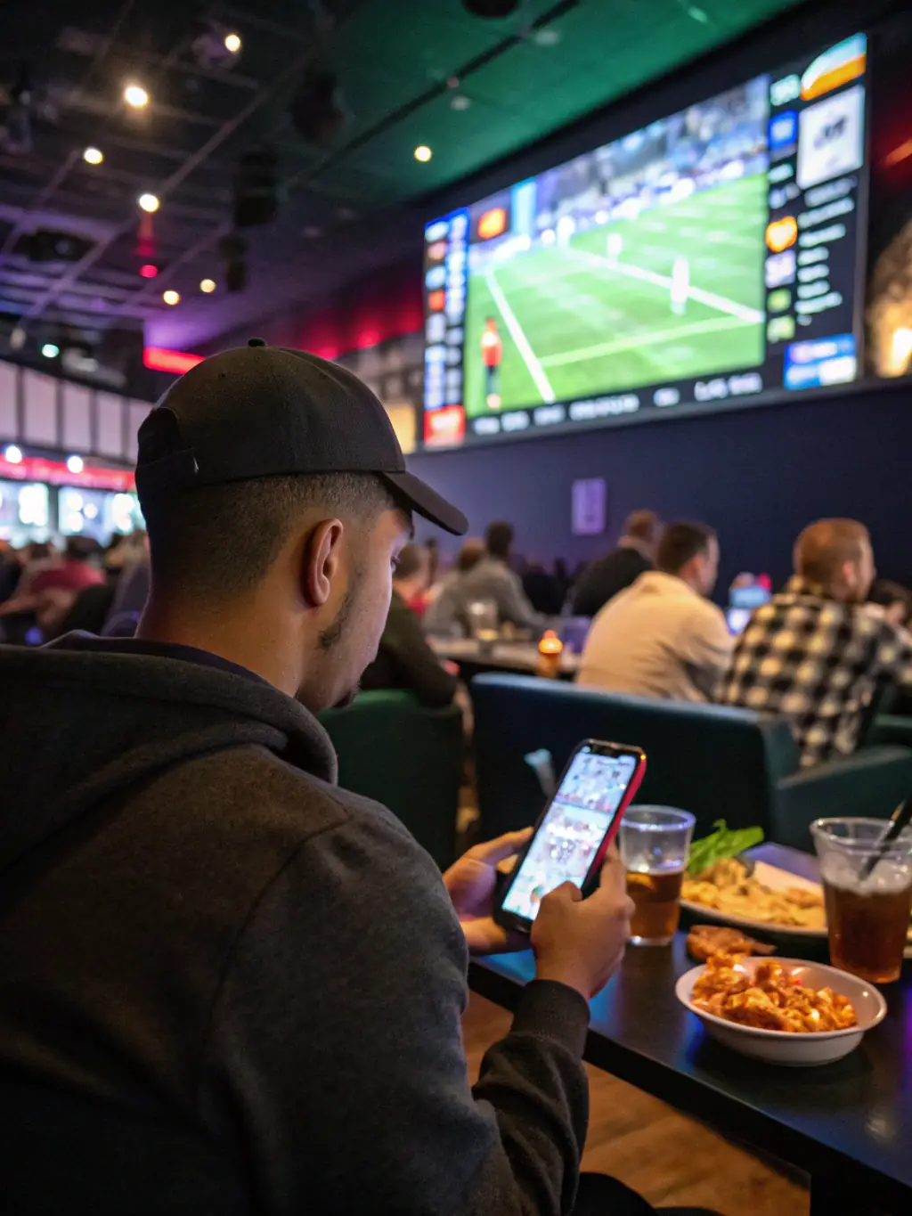 A person confidently placing a bet on the Verificadas Bet app during a live sports event, highlighting the convenience and speed of mobile betting.